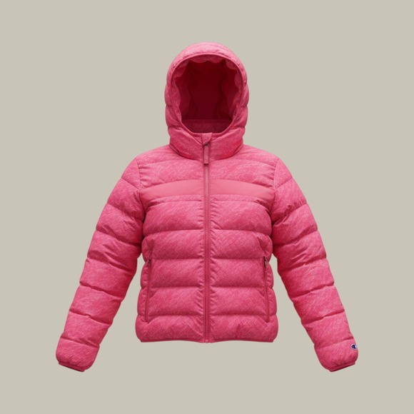Champion Other - Champion Kids Pink Heathered Hooded Puffer Jacket Thumbhole Cuffs Sporty
